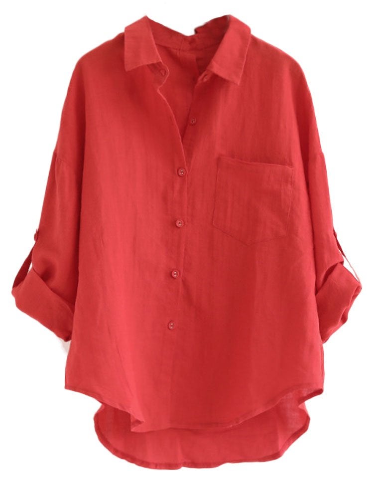 Minibee Women's Linen Blouse High Low Shirt Roll-Up Sleeve Tops Red L - Image 1