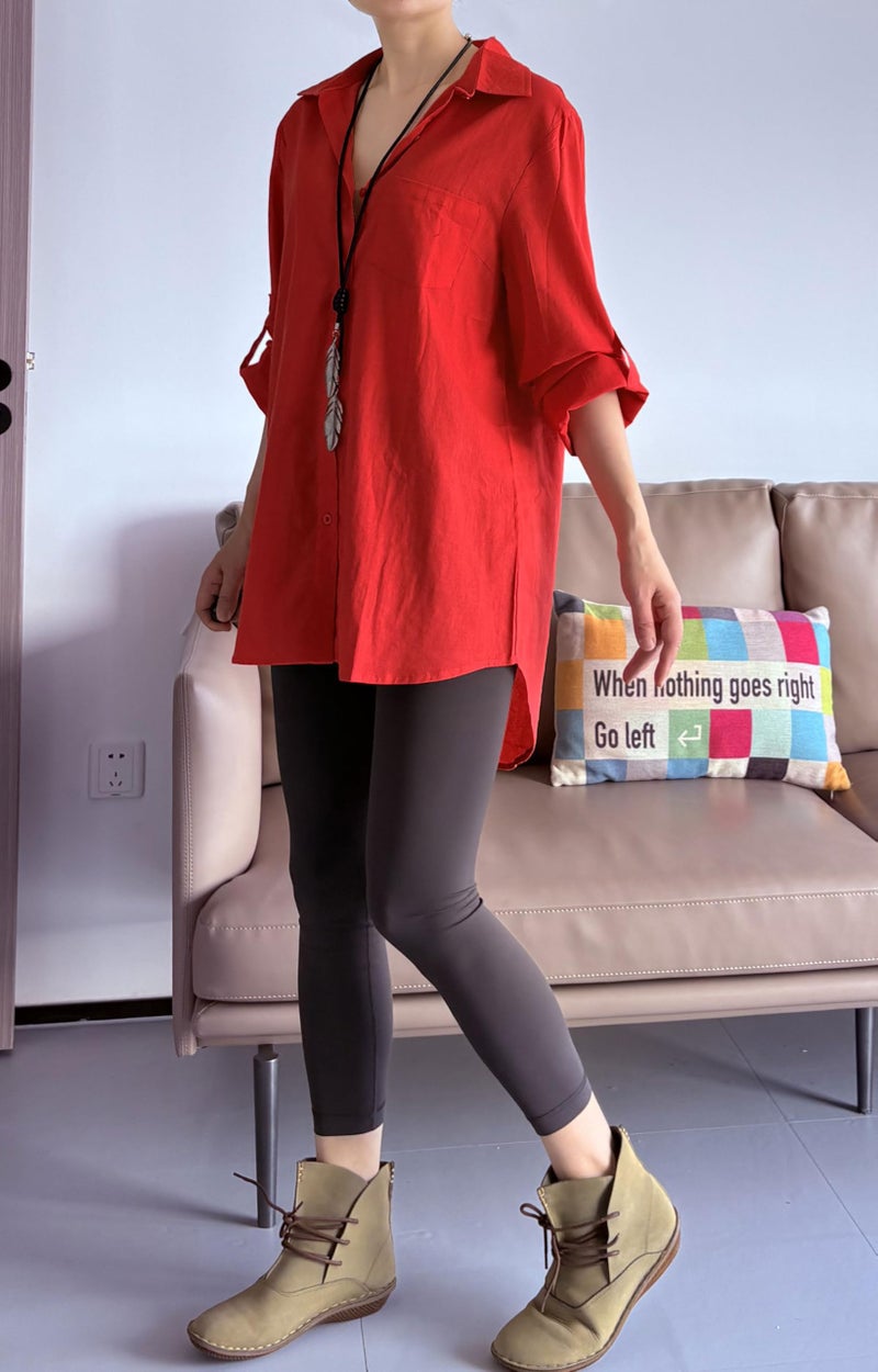 Minibee Women's Linen Blouse High Low Shirt Roll-Up Sleeve Tops Red L - Image 4