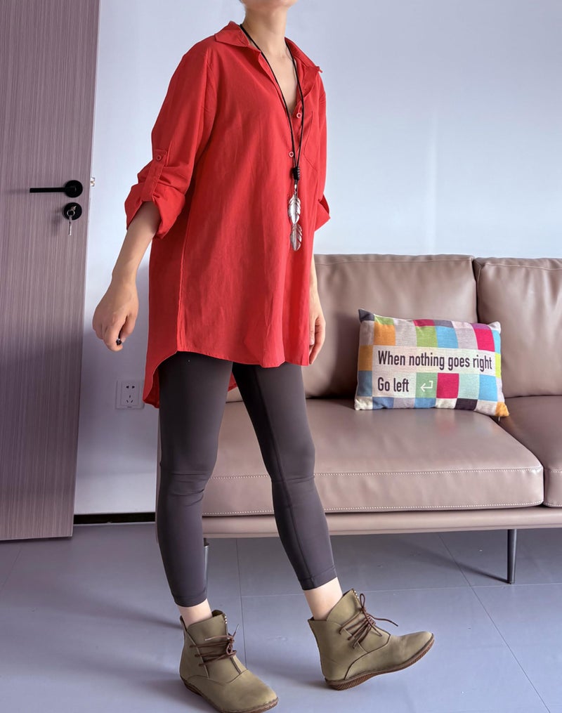 Minibee Women's Linen Blouse High Low Shirt Roll-Up Sleeve Tops Red L - Image 3