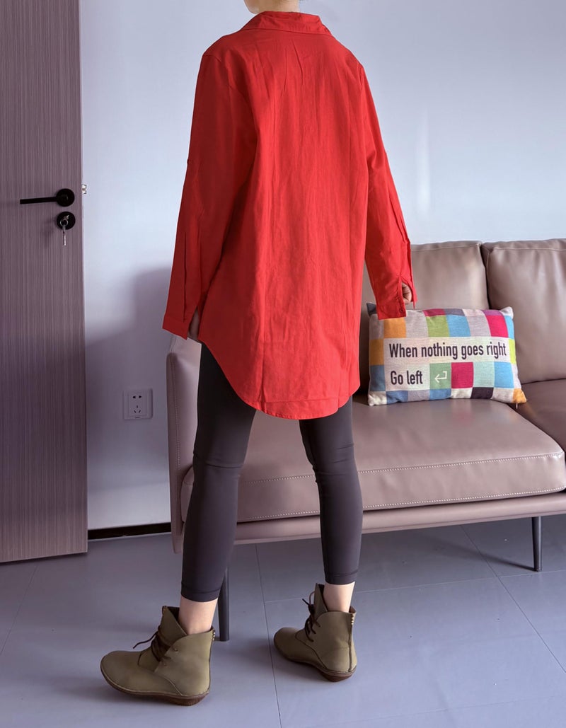 Minibee Women's Linen Blouse High Low Shirt Roll-Up Sleeve Tops Red L - Image 5