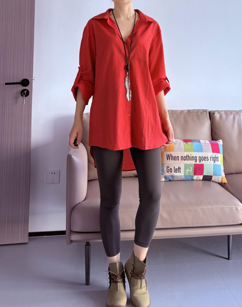 Minibee Women's Linen Blouse High Low Shirt Roll-Up Sleeve Tops Red L - Image 2