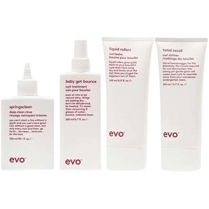 Evo Curly Hair Care Routine Bundle: Springsclean Shampoo, Baby Got Bounce Curl Treatment, Liquid Rollers Curl Balm & Total Recoil Curl Definer