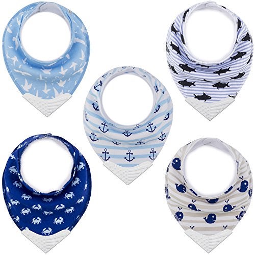Giftty Baby Teething Bibs, Bandana Bibs with Teether, Teething Toy, BPA-Free Silicone Teether Cotton Drool Bib with Adjustable Snap for Baby Boys and Girls (Aqua, 5-Pack) - Image 1