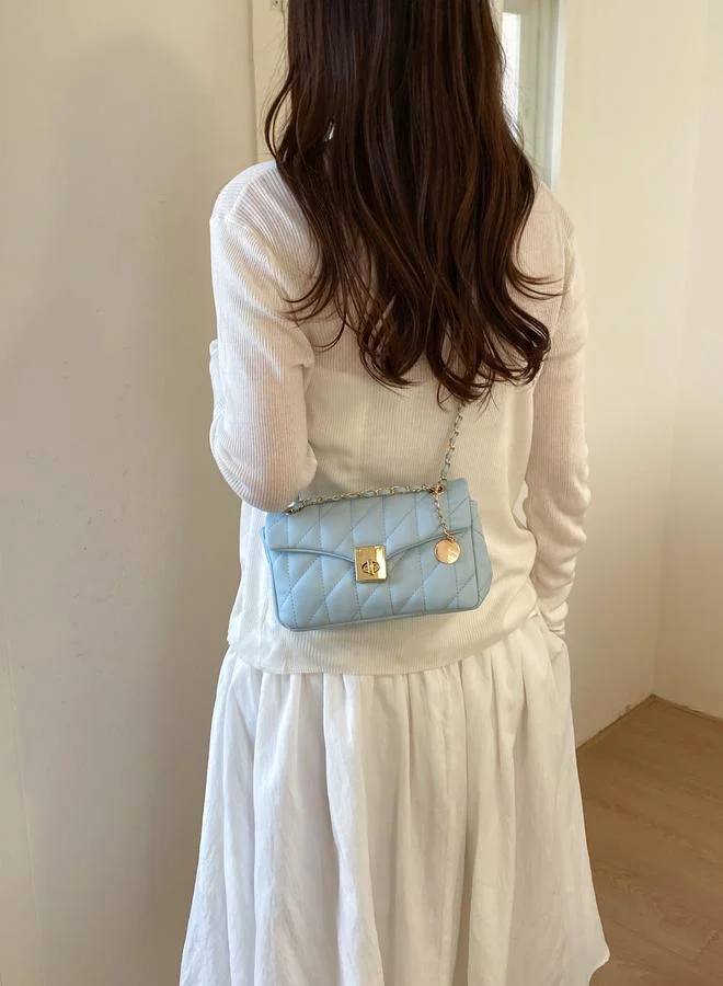 Take Two Blue Quilted Crossbody Bag with Gold Chain