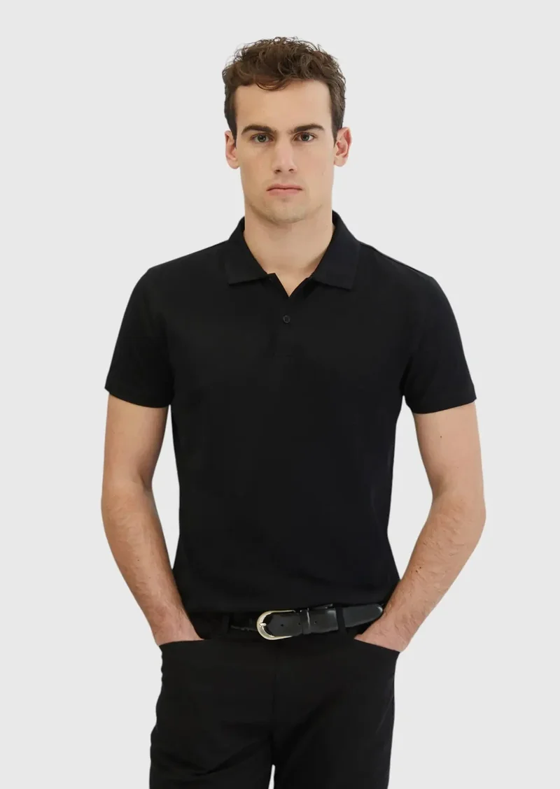 RAMSEY Black Plain Polo Neck 100% Cotton T-Shirt