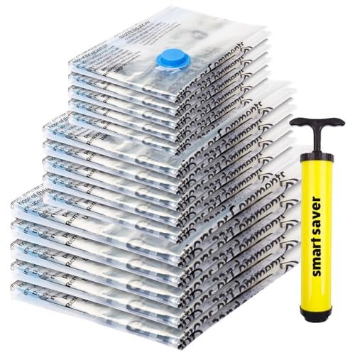 Smart Saver 15 Pack Smart Saver compression vacuum storage space saver bags for clothes, blankets, pillows, winter, Bedding, comforters, Airtight Reusable Packing Vaccine Ziplock Bag with Travel Hand Pump - Image 1