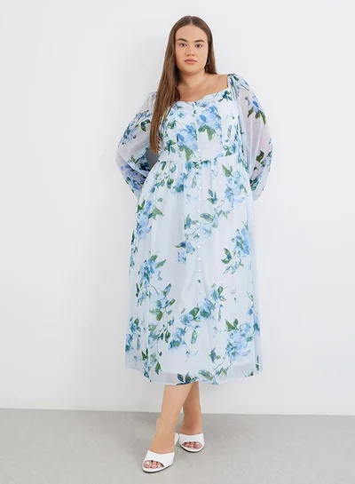 Styli Plus Blue Midi Dress with Floral Print