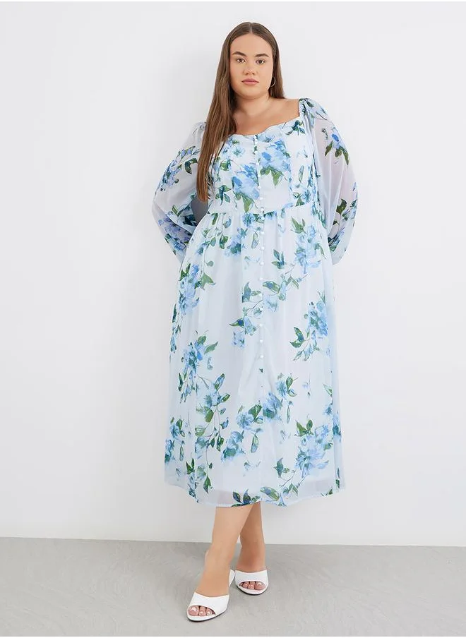 Styli Styli Plus Blue Midi Dress with Floral Print