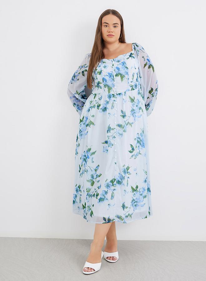 Styli Plus Blue Midi Dress with Floral Print - Image 1
