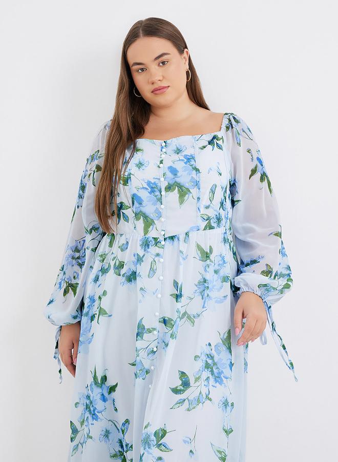 Styli Plus Blue Midi Dress with Floral Print - Image 3