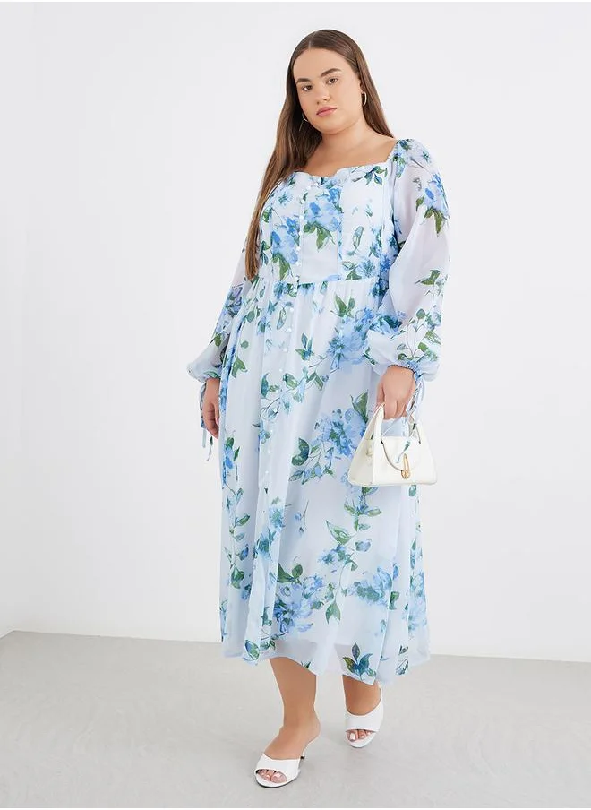 Styli Styli Plus Blue Midi Dress with Floral Print