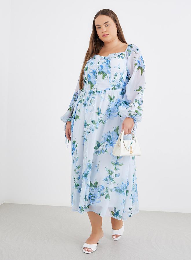 Styli Plus Blue Midi Dress with Floral Print - Image 2