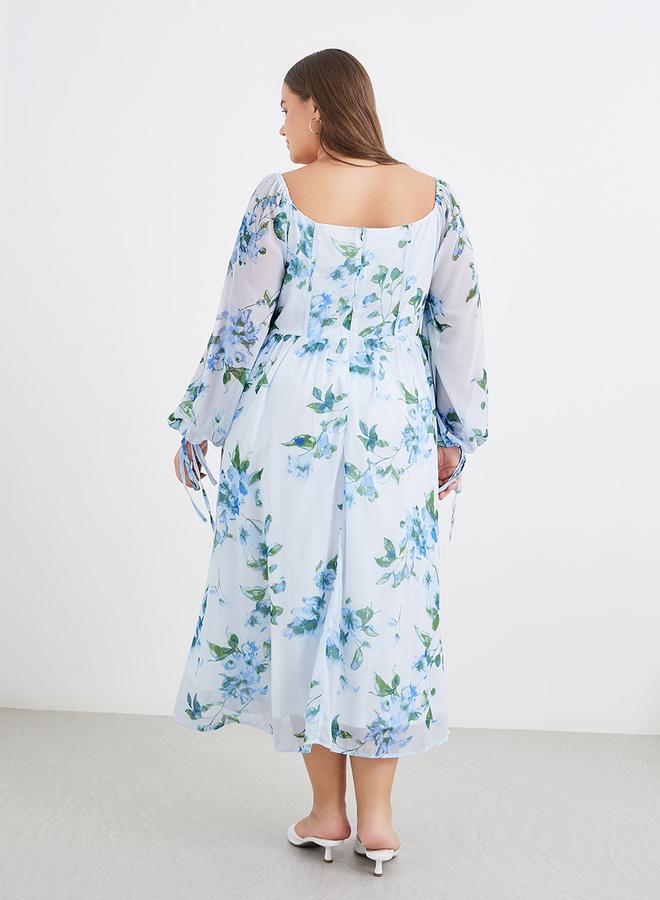 Styli Plus Blue Midi Dress with Floral Print - Image 5
