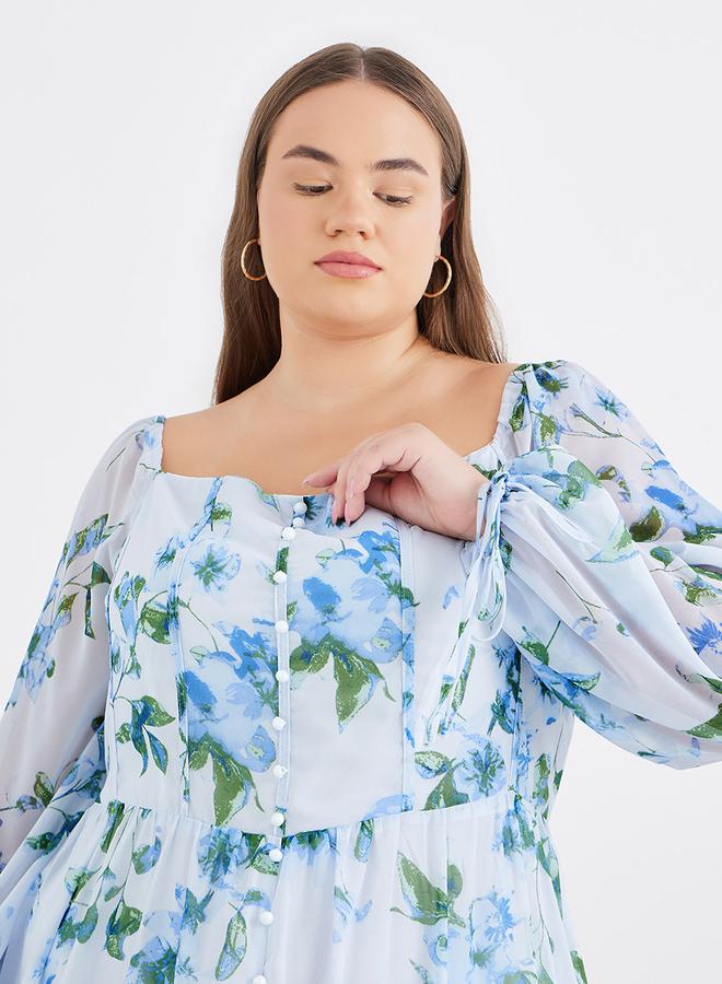 Styli Plus Blue Midi Dress with Floral Print - Image 4