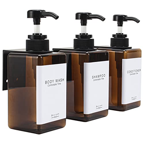 GOYISEE Shampoo and Conditioner Dispenser for Shower Wall 3 Chamber - Drill Free Square Shower Soap Dispenser Wall Mount with Waterproof Labels (3 Bottles 3 Wall Mounts-Amber) - Image 1