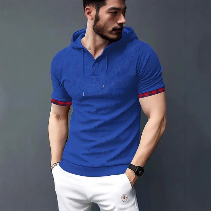 Men's Hooded Short Sleeve T-Shirt with Color Block, Slim Fit, Breathable (2026 Summer) - Image 2