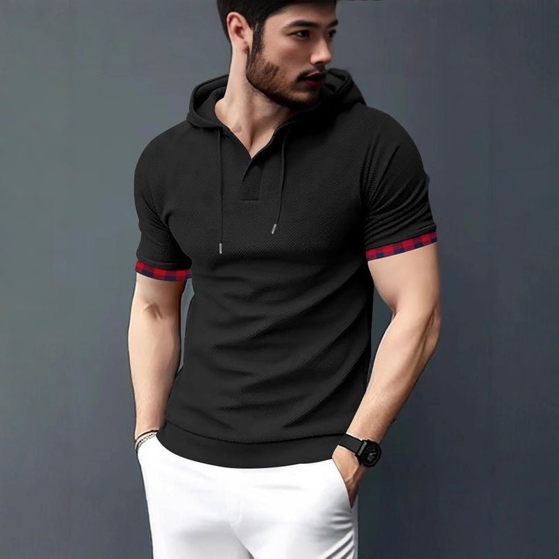 Men's Hooded Short Sleeve T-Shirt with Color Block, Slim Fit, Breathable (2026 Summer) - Image 1