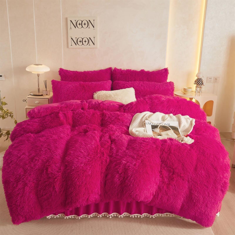 HAIHUA Fluffy Hot Pink Comforter Cover Queen Set Soft Plush Furry Hot Pink Bedding Queen Set 3 Pieces 1 Shaggy Duvet Cover  2 Faux Fur Pillow Cases Fluffy Bed Set Zipper Closure
