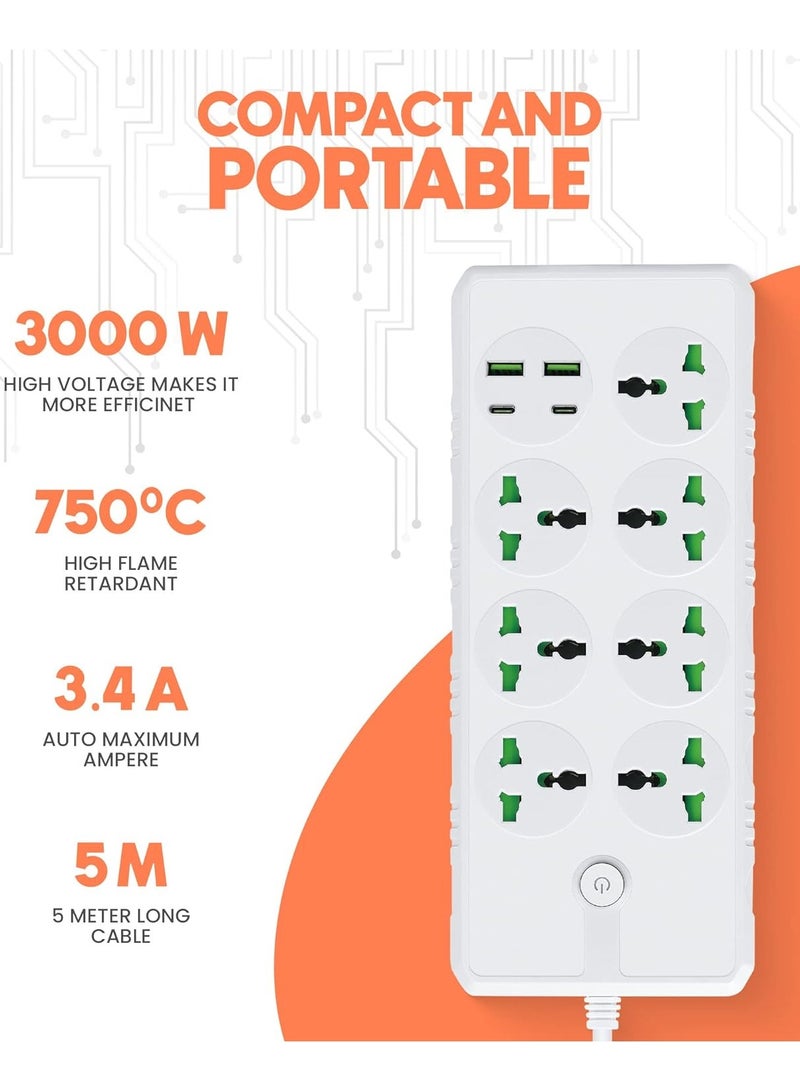 إيلونسي سلك تمديد طاقة عالمي بطول 5 أمتار مع منفذ USB C , توصيلة كهرباء 7 مخارج و 4 منافذ يوايس بى 5 متر - أبيض - Image 2