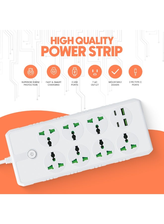 إيلونسي سلك تمديد طاقة عالمي بطول 5 أمتار مع منفذ USB C , توصيلة كهرباء 7 مخارج و 4 منافذ يوايس بى 5 متر - أبيض - Image 3