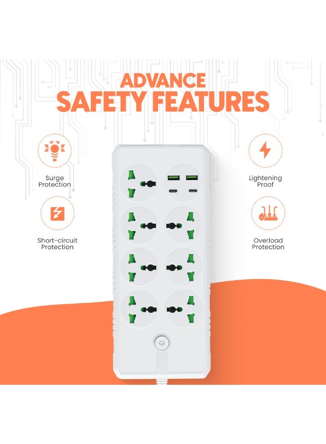 إيلونسي سلك تمديد طاقة عالمي بطول 5 أمتار مع منفذ USB C , توصيلة كهرباء 7 مخارج و 4 منافذ يوايس بى 5 متر - أبيض - Image 5