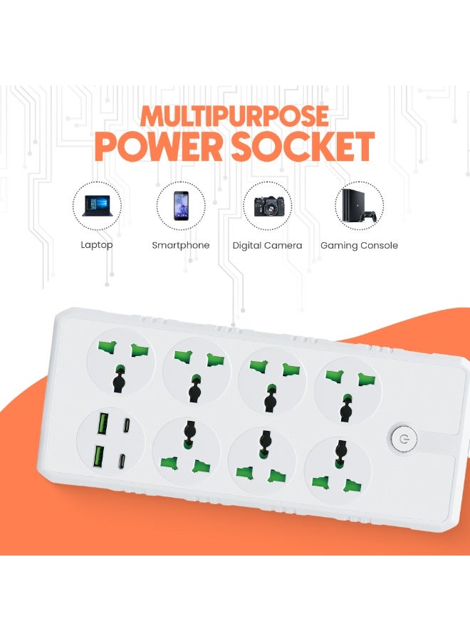 إيلونسي سلك تمديد طاقة عالمي بطول 5 أمتار مع منفذ USB C , توصيلة كهرباء 7 مخارج و 4 منافذ يوايس بى 5 متر - أبيض - Image 4