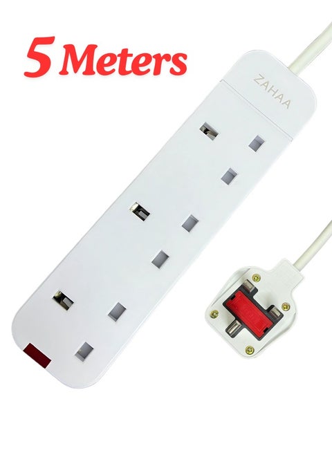 5 m UK Extension Cord with 3 Power Socket, 3 Way Power Strip, Extension Lead 5 meter - White Electricity connection with 3 outlets, 5 meters long,