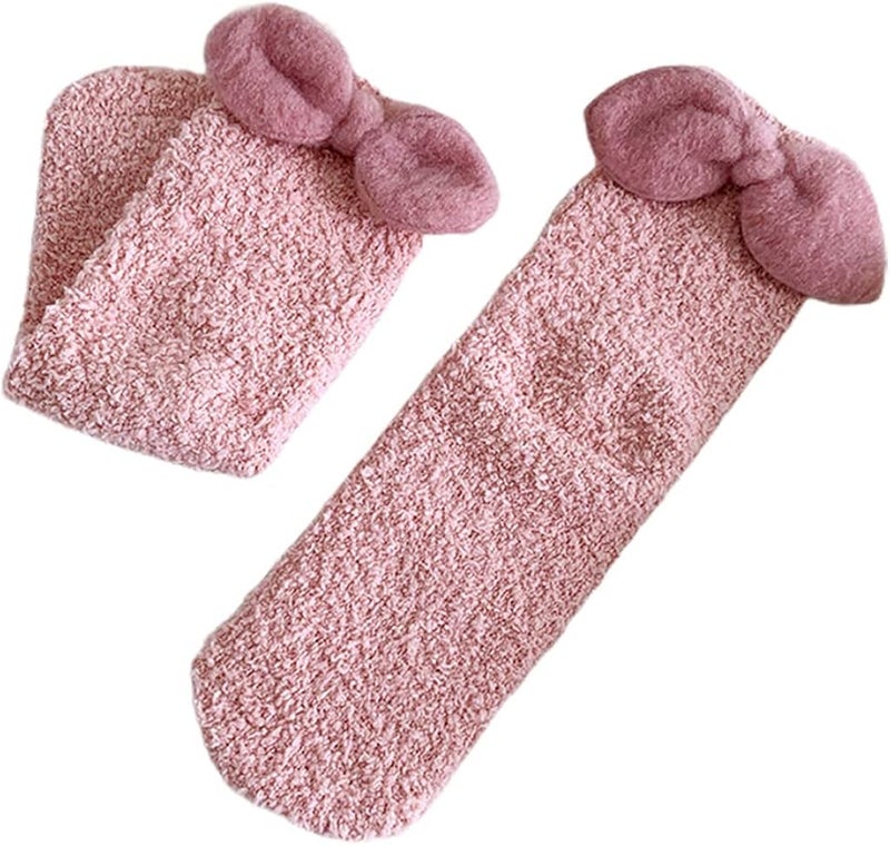 Women Fuzzy Sleep Socks Cute Candy Color Slipper Socks with Bowknot Winter Thicken Fluffy Socks Christmas Socks - Image 1
