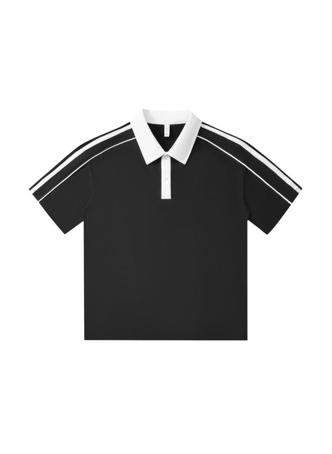 Slim Fit Cotton Loose Shoulder Polo Shirt Striped Color Block Short Sleeve Turn Collar Work Uniform School Unifo  - Image 1