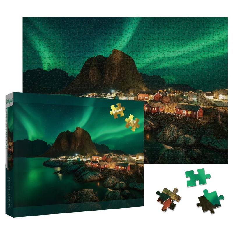 Larkipuzz Magic Northern Lights Landscape Puzzles for Adults 1000 Pieces Colorful Nature Aurora Norway Jigsaw Puzzles Beautiful Mountain Scenic Cabin River Puzzle - Image 3