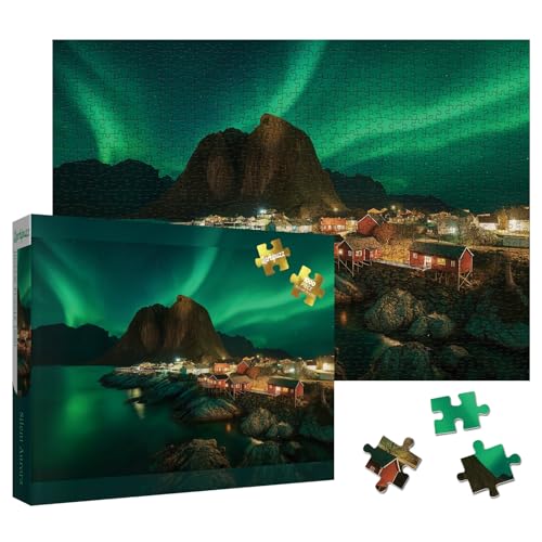 Larkipuzz Magic Northern Lights Landscape Puzzles for Adults 1000 Pieces Colorful Nature Aurora Norway Jigsaw Puzzles Beautiful Mountain Scenic Cabin River Puzzle - Image 1