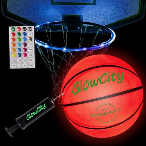 GlowCity Glow in the Dark Basketball with Rim Light Size 7 Light Up Ball for Teen Boys Gifts Adults Glowing Red for Night Outdoor Games Cool Sports Birthday Gift Ideas for Boys Ages 12 13 14 15 - Image 1
