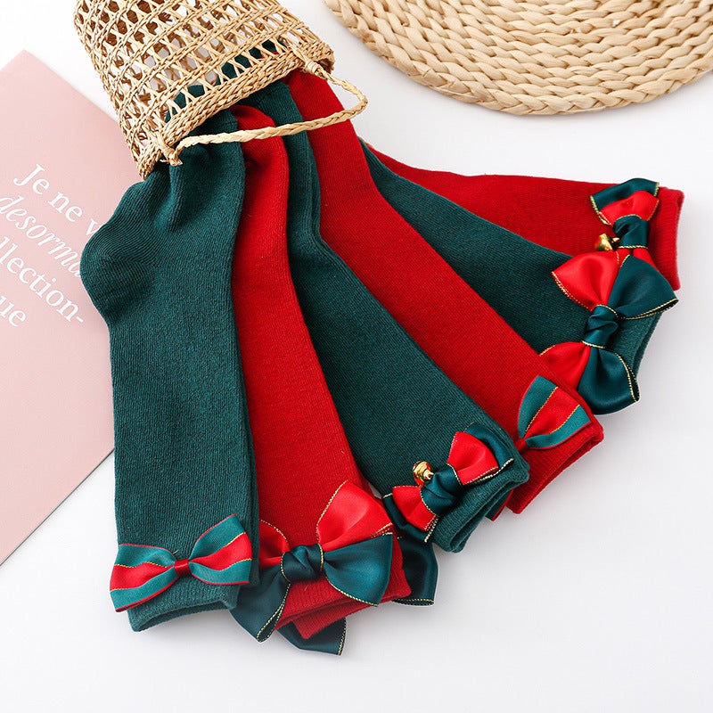Ins Spanish Children'S Bow Mid-Length Stockings Christmas Big Bow Baby Stockings Pure Red And Green Plaings - Image 4