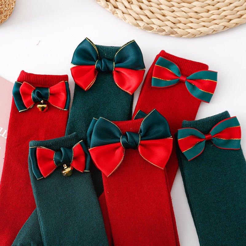 Ins Spanish Children'S Bow Mid-Length Stockings Christmas Big Bow Baby Stockings Pure Red And Green Plaings - Image 5