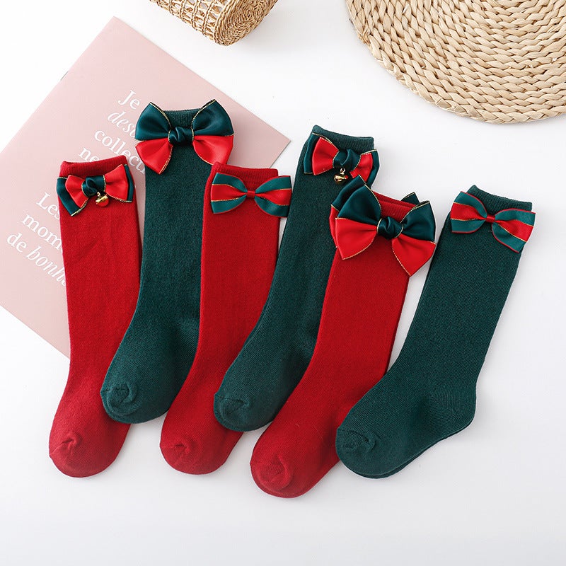 Ins Spanish Children'S Bow Mid-Length Stockings Christmas Big Bow Baby Stockings Pure Red And Green Plaings - Image 3