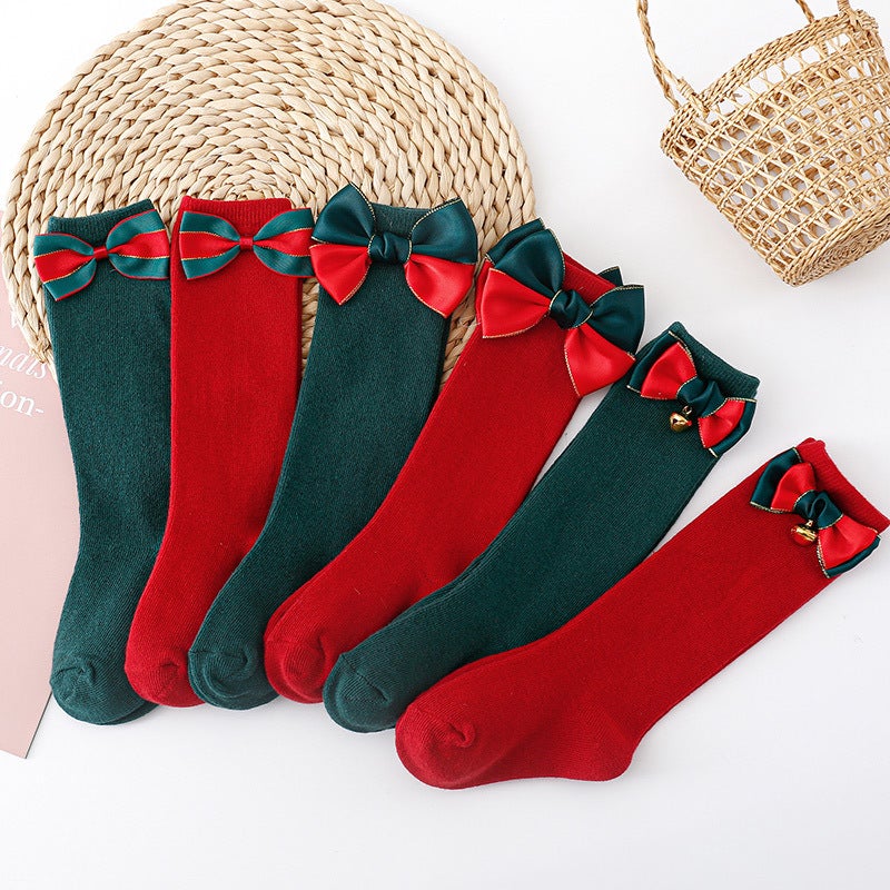 Ins Spanish Children'S Bow Mid-Length Stockings Christmas Big Bow Baby Stockings Pure Red And Green Plaings - Image 2