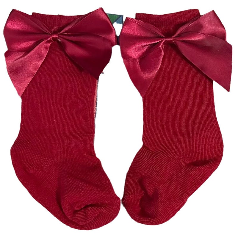 Ins Spanish Children'S Bow Mid-Length Stockings Christmas Big Bow Baby Stockings Pure Red And Green Plaings - Image 1