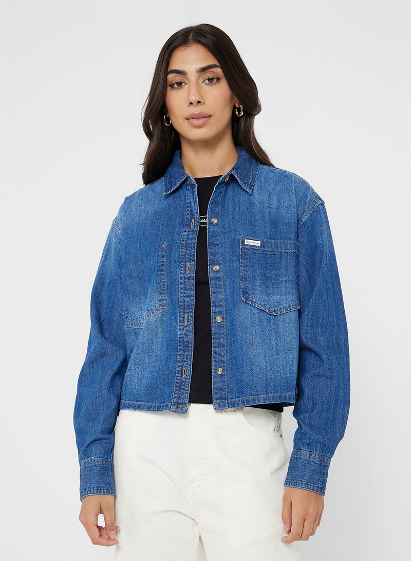 GUESS Logo Detail Cropped Denim Shirt - Image 1