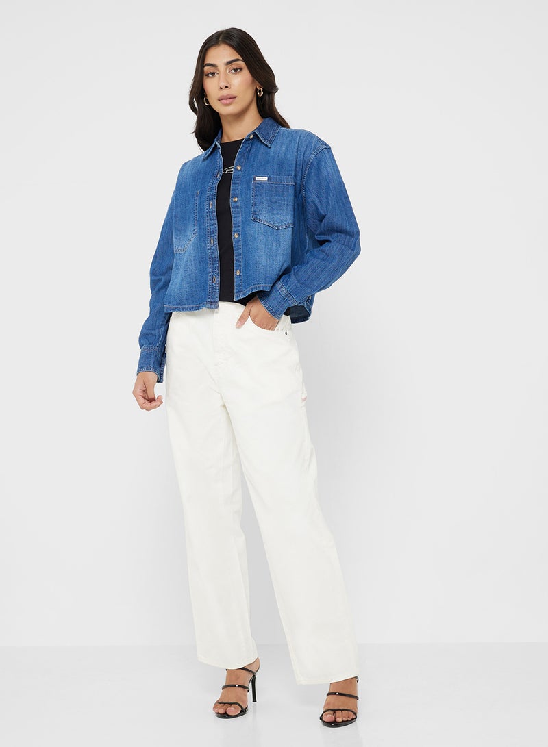 GUESS Logo Detail Cropped Denim Shirt - Image 4