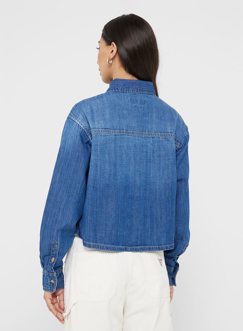 GUESS Logo Detail Cropped Denim Shirt - Image 2