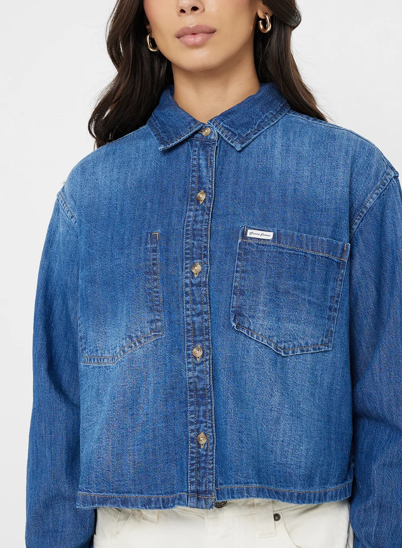 Guess Jeans Logo Detail Cropped Denim Shirt