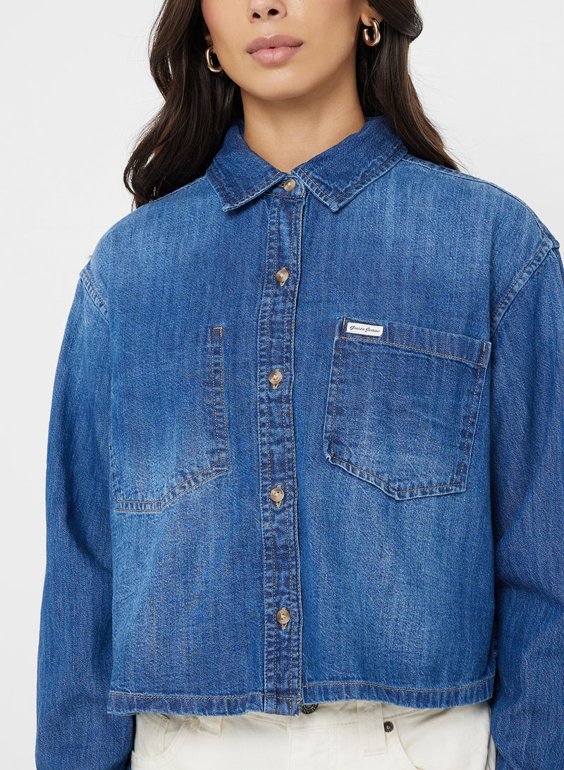 GUESS Logo Detail Cropped Denim Shirt - Image 3