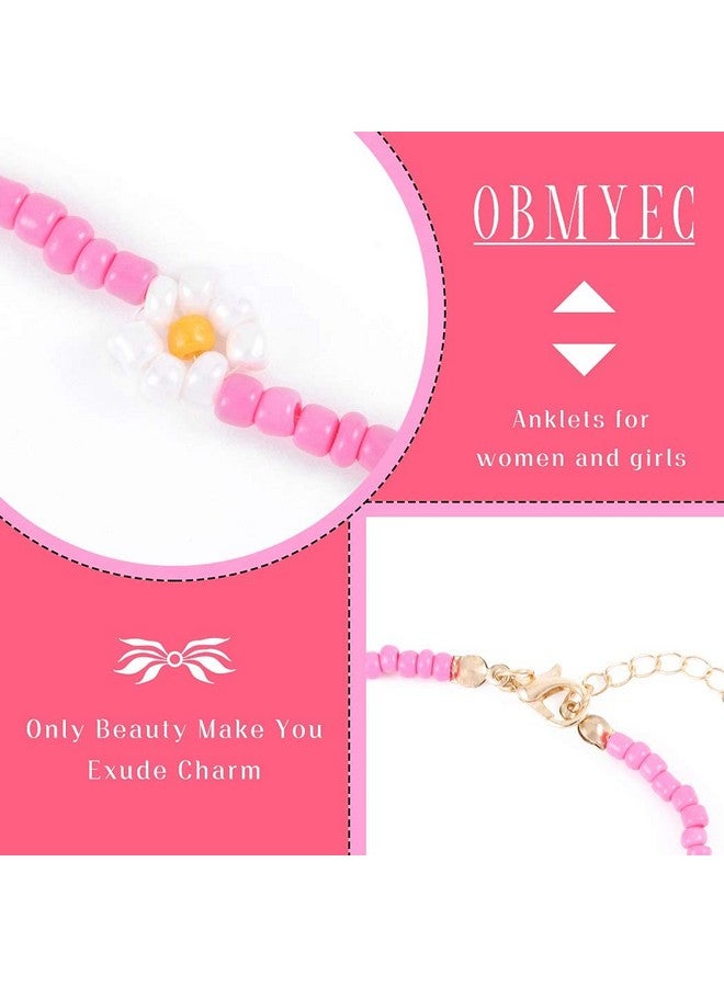 Obmyec Boho Beaded Anklets Pink Flower Daisy Foot Chain Rice Beads Ankle Bracelets Daisy Seed Beaded Ankle Accessories Summer Beach Foot Jewelry For Women - Image 3