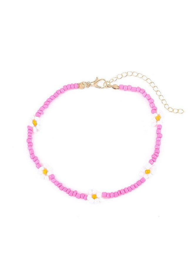Obmyec Boho Beaded Anklets Pink Flower Daisy Foot Chain Rice Beads Ankle Bracelets Daisy Seed Beaded Ankle Accessories Summer Beach Foot Jewelry For Women - Image 1