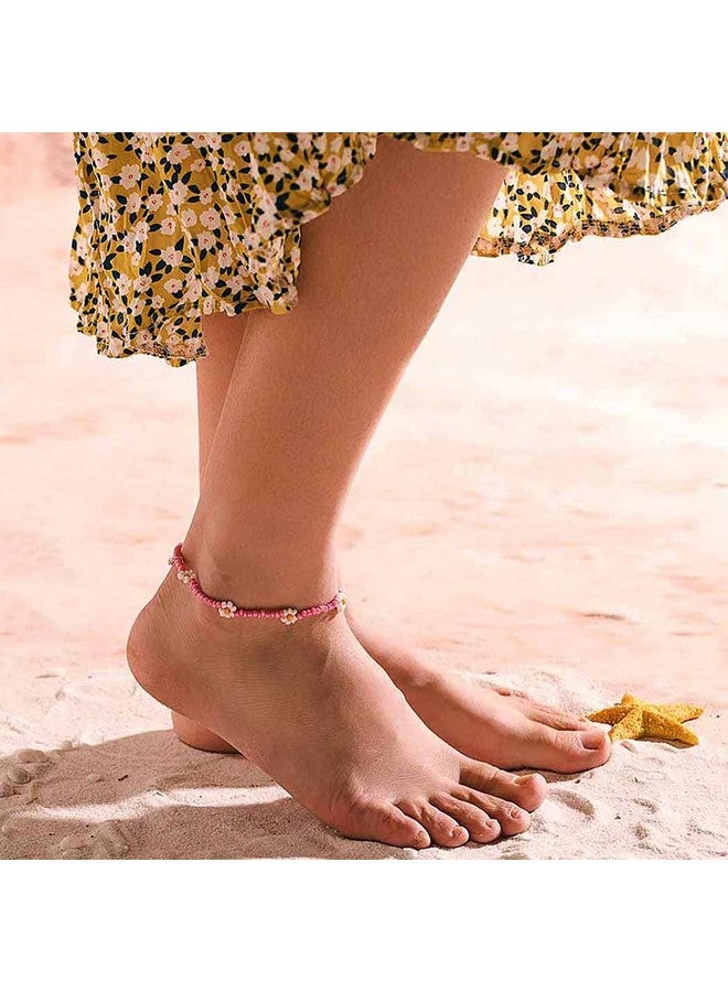 Obmyec Boho Beaded Anklets Pink Flower Daisy Foot Chain Rice Beads Ankle Bracelets Daisy Seed Beaded Ankle Accessories Summer Beach Foot Jewelry For Women - Image 4