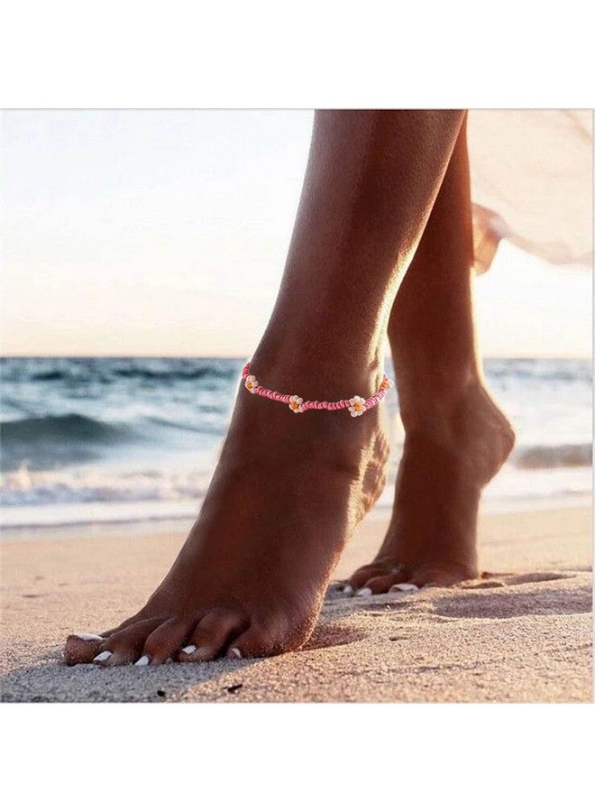 Obmyec Boho Beaded Anklets Pink Flower Daisy Foot Chain Rice Beads Ankle Bracelets Daisy Seed Beaded Ankle Accessories Summer Beach Foot Jewelry For Women - Image 5