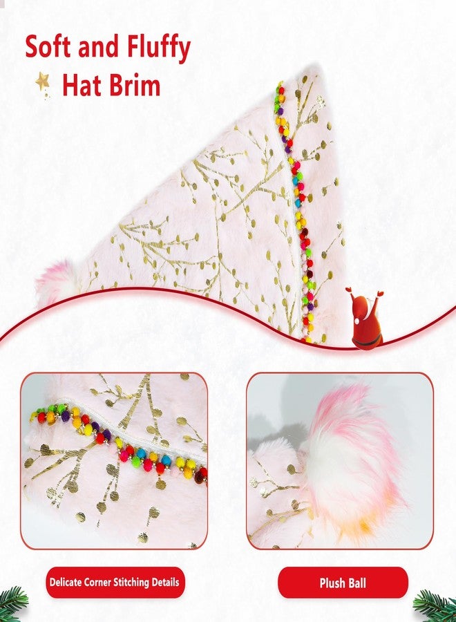 QTKJ Pink Christmas Hat, Santa Hat, Christmas Gifts for Women and Men, Thickened Soft Velvet Fabric, Golden Branch Pattern, Xmas hat Suitable for Christmas Eve New Year Party Decorations - Image 4
