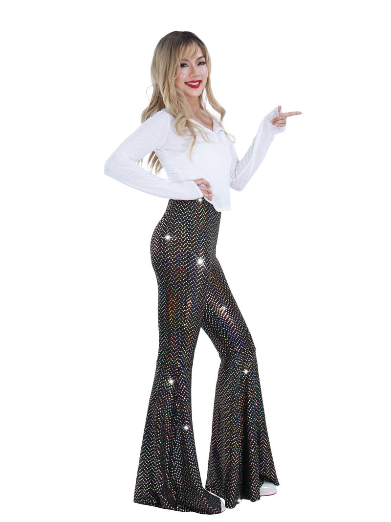 Nawgut Womens Sequin Flare Pant Sparkly High Waisted Leg Bell Bottom Glitter Trousers Night Out Clubwear-Medium - Image 4