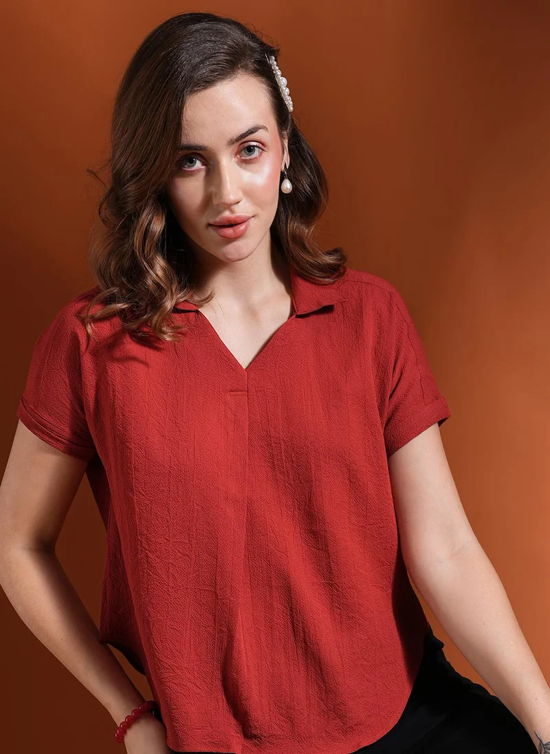 globus Globus Women Collared Neck Extended Sleeves Self Design Shirt Style Workwear Top