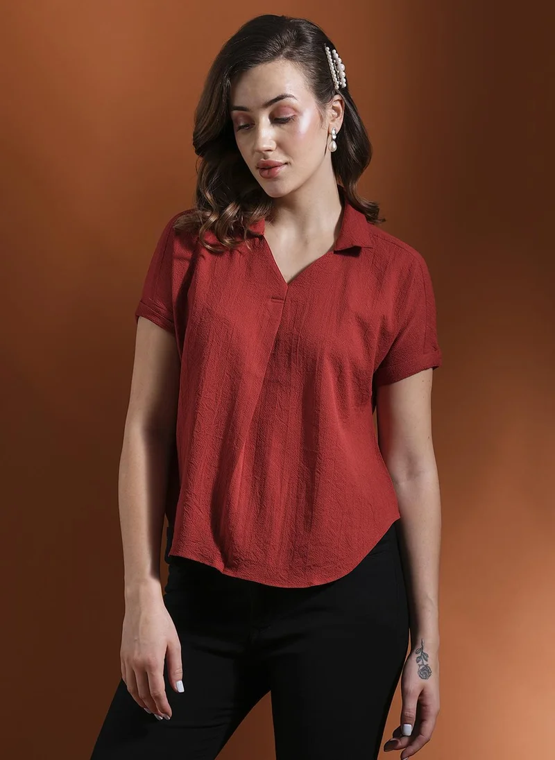 globus Globus Women Collared Neck Extended Sleeves Self Design Shirt Style Workwear Top